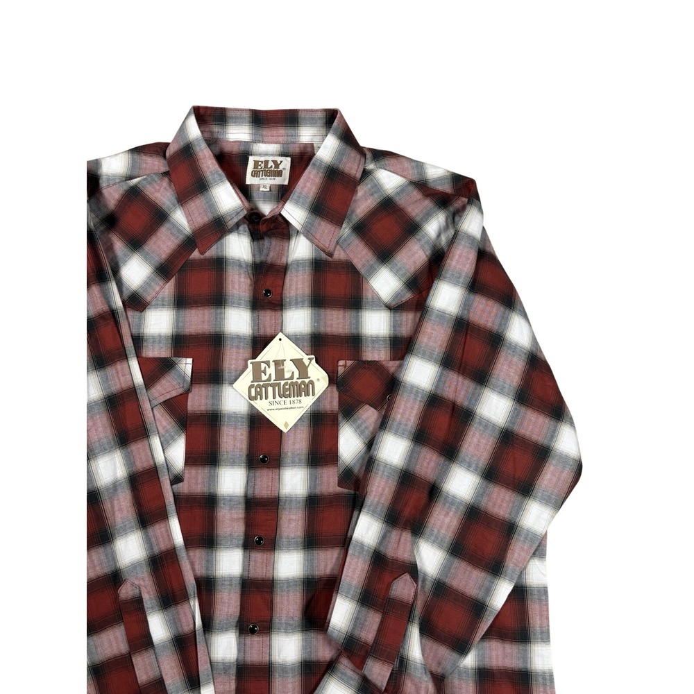 Ely Cattleman Mens XL Plaid Western Pearl Snap Shirt Red Black White Long Sleeve